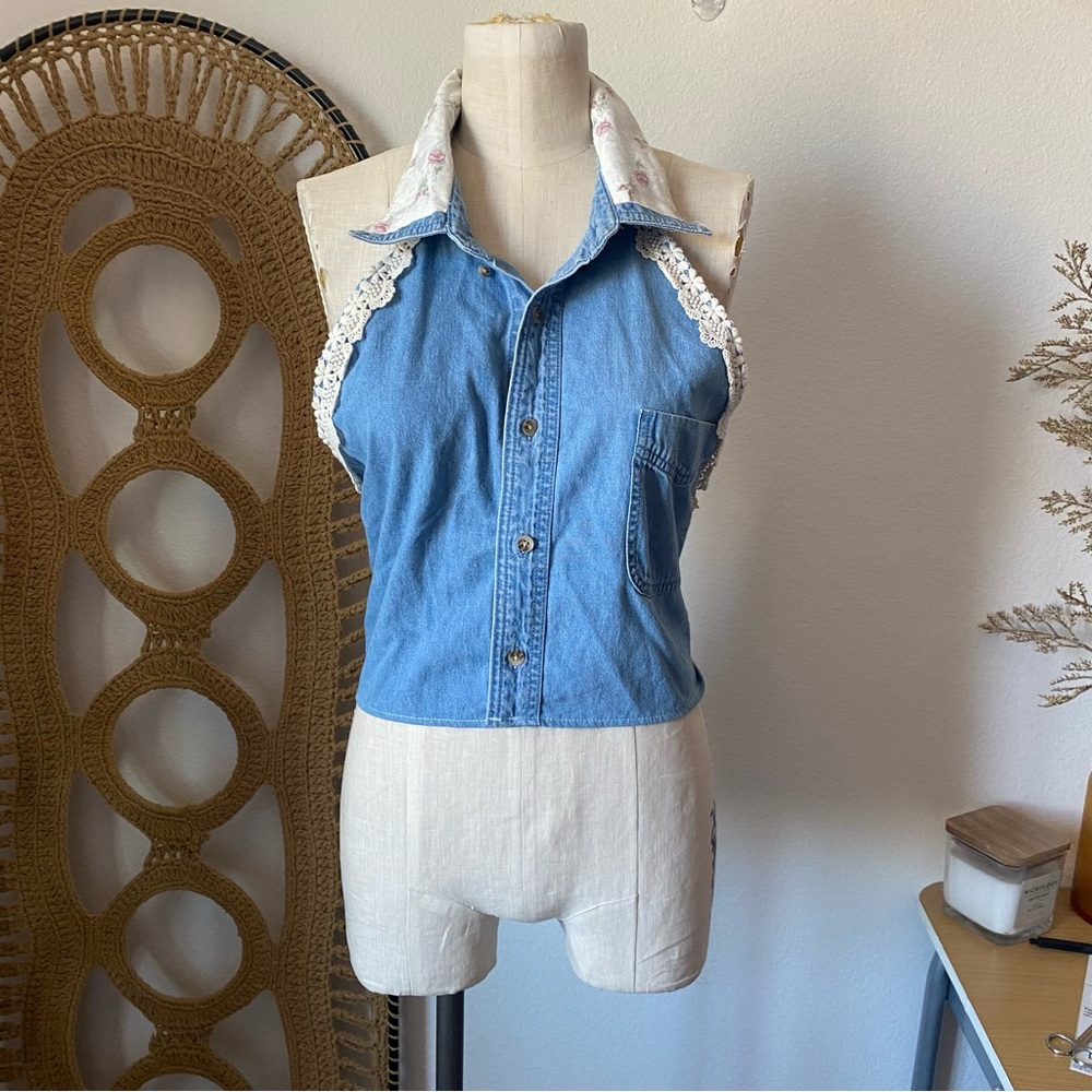 LF Furst of a Kind Denim Lace Halter Open Back Top
